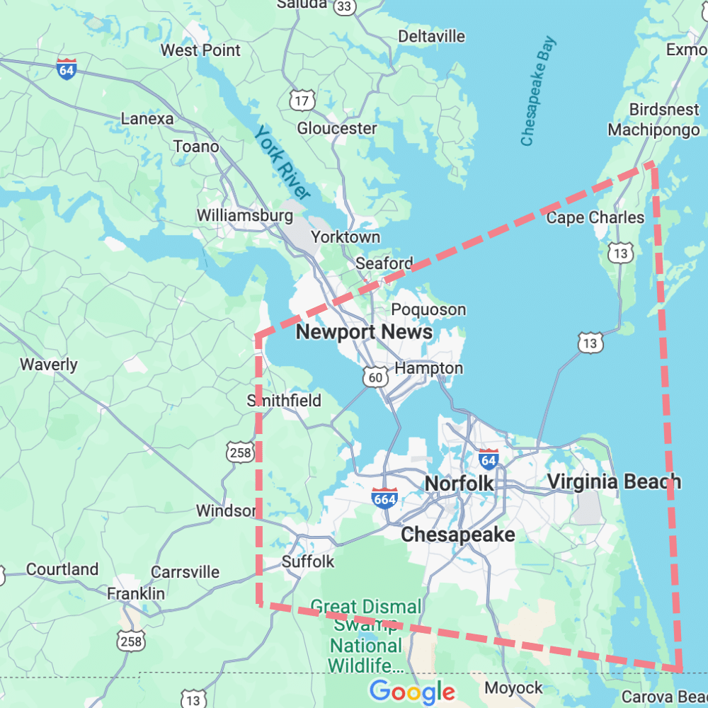 map of Hampton Roads area showing the areas Snapqube - a photo booth company - services