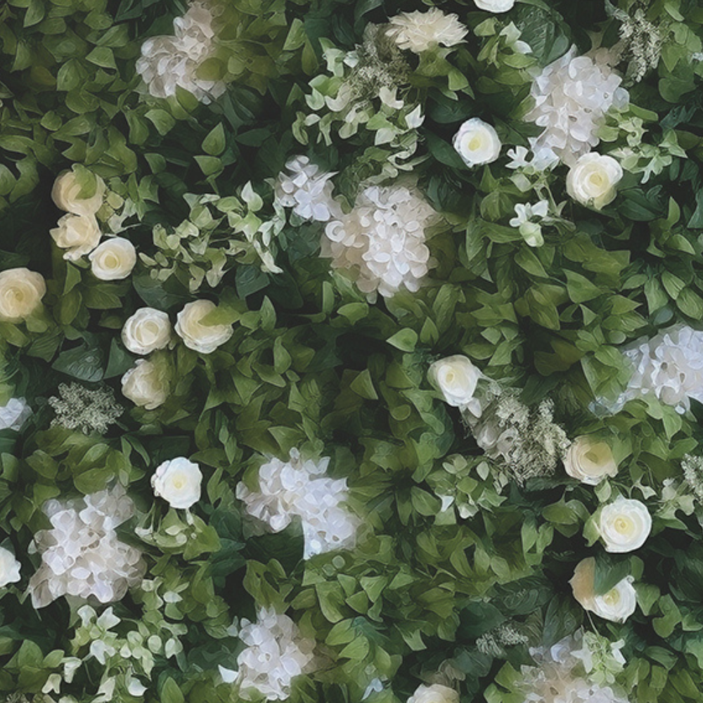 greenery with white flower backdrop wall for photo booth