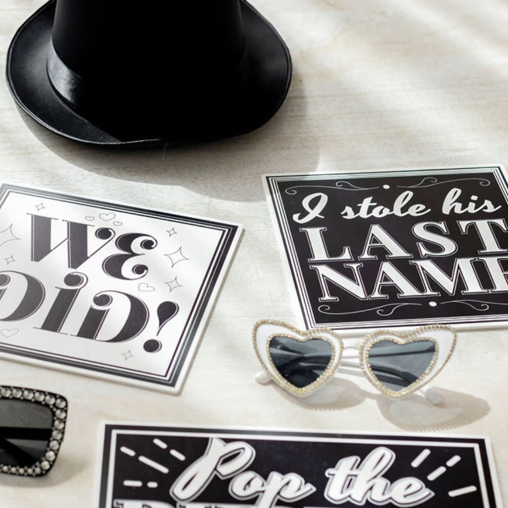 wedding photo booth prop signs heart glasses black top hat